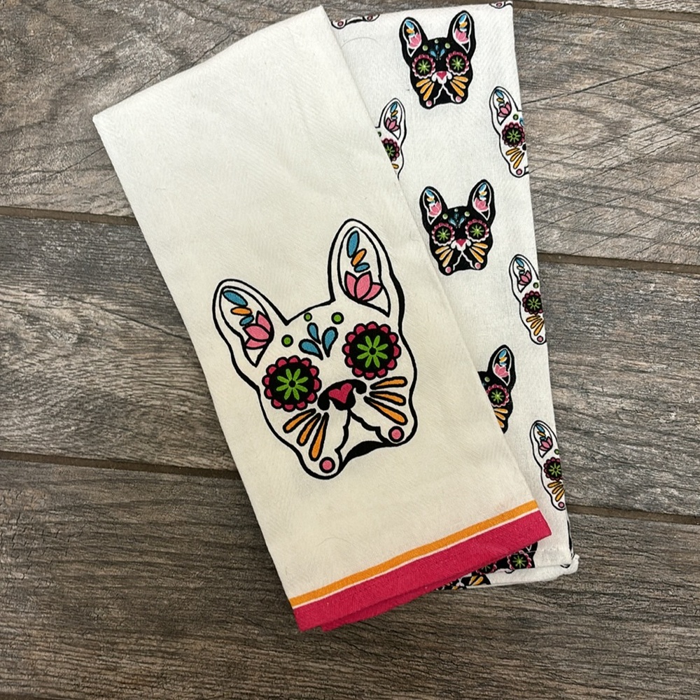 2 bundle FRENCHIE Bewitched 100% Cotton Dish Towels French Bulldog kitchen decor